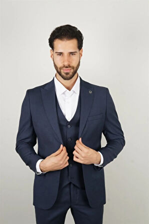 Slim Fit Lacivert Takım Elbise Kendinden Desenli