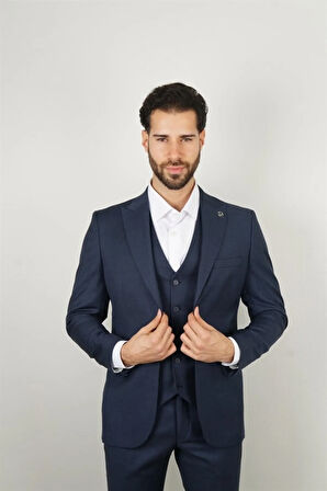 Slim Fit Lacivert Takım Elbise Kendinden Desenli