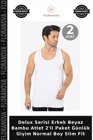 Delux Serisi Erkek Beyaz Bambu Atlet 2'li Paket Günlük Giyim Normal Boy Slim Fit