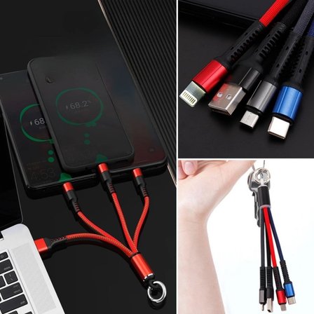 Şarj Kablosu Işıklı Anahtarlık Formlu 3 In 1 USB Çıkışlı MİKRO Type C ve İphone Uyumlu