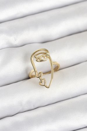 Pirinç Gold Renk Picasso Tarzı Tek Çizgi Yüz Model Kadın Yüzük 5886