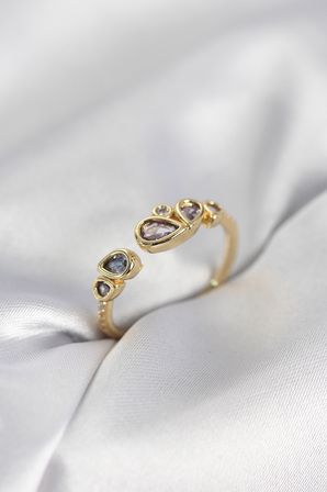 Gold Renk Mor Damla Zirkon Taşlı Kadın Yüzük 5886