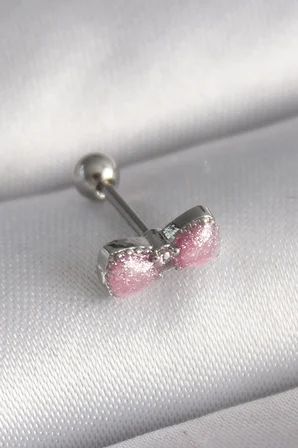 316L Çelik Gümüş Renk Pembe Kurdele Zirkon Taş Detay Tragus Piercing 5886