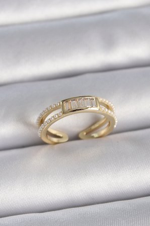 Pirinç Gold Renk Ayarlanabilir Sıralı İncili Zirkon Taş Detaylı Kadın Yüzük 5886