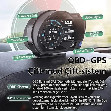 Ally A520 OBD2 + GPS Head Up Display HUD Dijital Hız Göstergesi RPM & Sıcaklık & Basınç Takip Hız Al