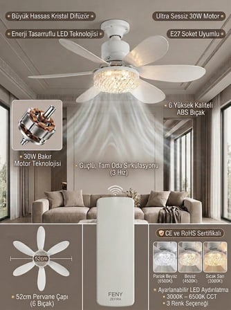 Crystal Aura 52 cm Ultra Sessiz LED Tavan Vantilatörü | 3 Kademeli Bakır Motor | Kumandalı Kristal A