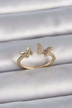 Pirinç Gold Renk Ayarlanabilir Zirkon Taşlı Kelebek Model Kadın Yüzük 5886