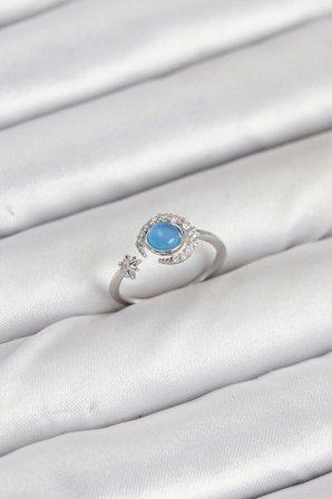 Pirinç Gümüş Renk Zirkon Taşlı Ay Yıldız Kadın Yüzük 5886