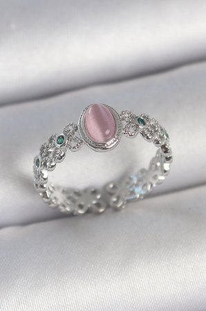 Pirinç Gümüş Renk Zirkon Taş Detaylı Pembe Mineli Damla Model Ayarlanabilir Kadın Yüzük 5886