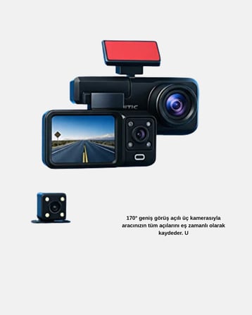 Üç Kameralı Dash Cam 170° Geniş Açılı Full HD Gece Görüşlü