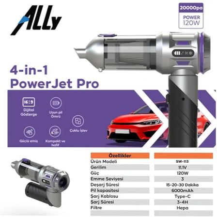ALLY Powerjet Pro 20000pa Güçlü Portatif 3 Kademeli Tasinabilir Vakumlu Kablosuz Üflemeli Mini Araç 