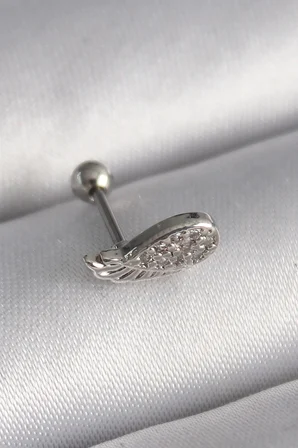316L Çelik Gümüş Renk Zirkon Taşlı Kanat Tragus Piercing 5886