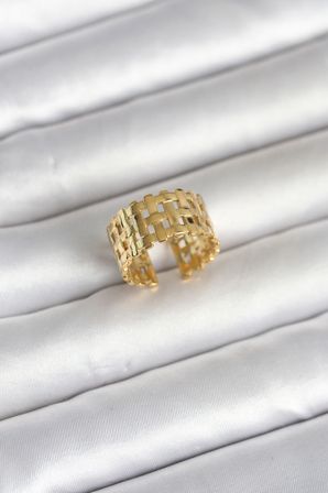 316L Çelik Gold Renk Hasır Model Kadın Yüzük 5886