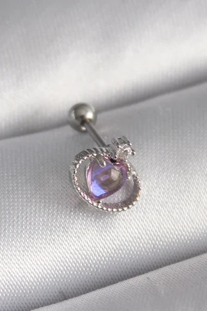 316L Çelik Gümüş Renk Mor Mineli Kalp Zirkon Taş Detay Tragus Piercing 5886