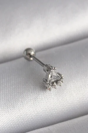 316L Çelik Gümüş Renk Üçgen Zirkon Taşlı Tragus Piercing 5886