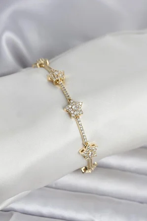 Pirinç Gold Renk Yıldız Model Zirkon Taşlı Kadın Bileklik 5886