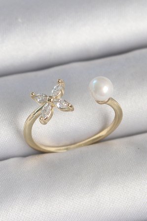Pirinç Gold Renk Zirkon Taşlı Çiçek Model İnci Detay Ayarlanabilir Kadın Yüzük 5886