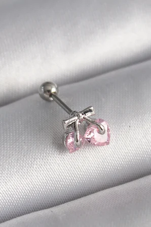 316L Çelik Gümüş Renk Pembe Zirkon Taşlı Kalp Tragus Piercing 5886