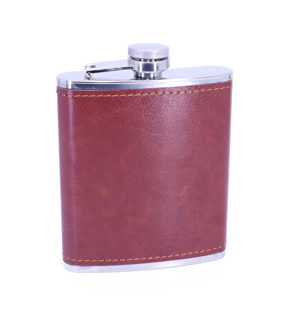 Kahverengi Deri Kaplama Paslanmaz Çelik Cep Matarası - Hip Flask 7 OZ