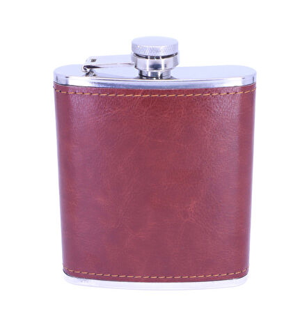 Kahverengi Deri Kaplama Paslanmaz Çelik Cep Matarası - Hip Flask 7 OZ