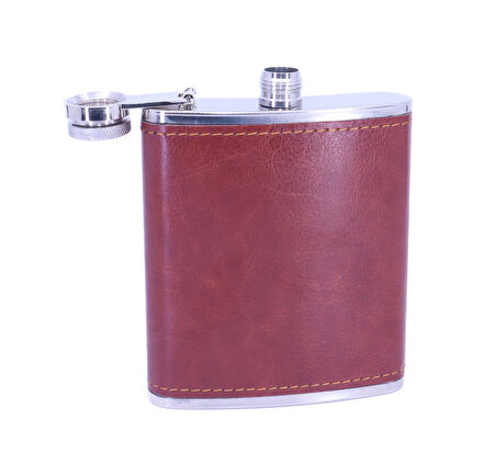 Kahverengi Deri Kaplama Paslanmaz Çelik Cep Matarası - Hip Flask 7 OZ