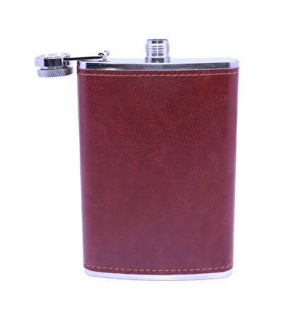 Kahverengi Deri Kaplama Paslanmaz Çelik Cep Matarası - Hip Flask 9 OZ