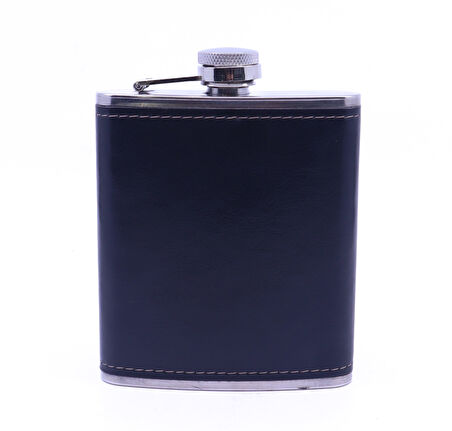 Siyah Deri Kaplama Paslanmaz Çelik Cep Matarası - Hip Flask 7 OZ