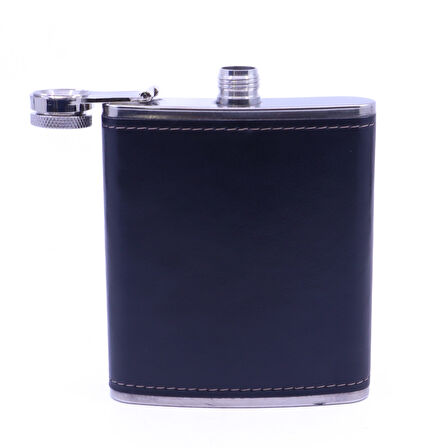 Siyah Deri Kaplama Paslanmaz Çelik Cep Matarası - Hip Flask 7 OZ