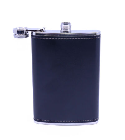 Siyah Deri Kaplama Paslanmaz Çelik Cep Matarası - Hip Flask 9 OZ