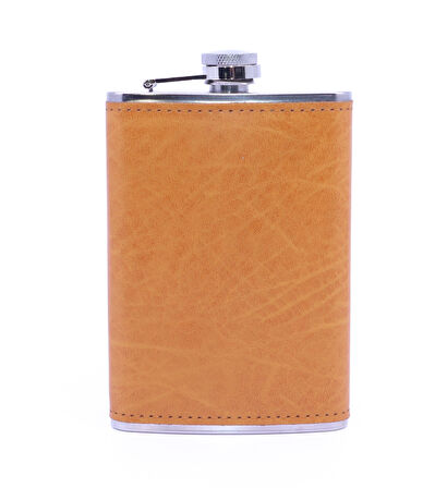 Turuncu Deri Kaplama Paslanmaz Çelik Cep Matarası - Hip Flask 9 OZ