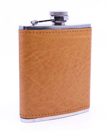 Turuncu Deri Kaplama Paslanmaz Çelik Cep Matarası - Hip Flask 7 OZ