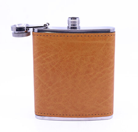 Turuncu Deri Kaplama Paslanmaz Çelik Cep Matarası - Hip Flask 7 OZ