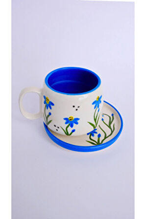 Mavi Çiçek Desenli Tabaklı Double Seramik El Yapımı Kupa, Seramik Kupa, Handmade, Kahve Kupası