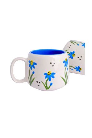 Mavi Çiçek Desenli Tabaklı Double Seramik El Yapımı Kupa, Seramik Kupa, Handmade, Kahve Kupası
