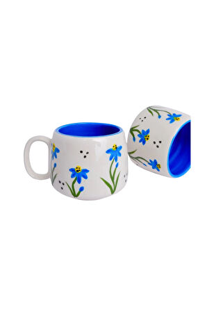 Mavi Çiçek Desenli Tabaklı Double Seramik El Yapımı Kupa, Seramik Kupa, Handmade, Kahve Kupası