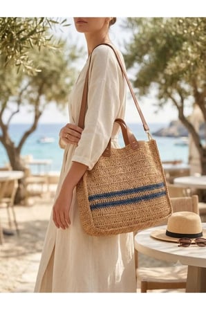 El Örgüsü Kağıt İp Çanta – Mavi Çizgili Hasır Çanta – Deri Askılı Büyük El ve Omuz - Plaj Çantası
