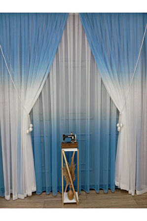 Mavi Renkli Renk Geçişli Değrade Sağ/Sol Takım Tül Fon Perde