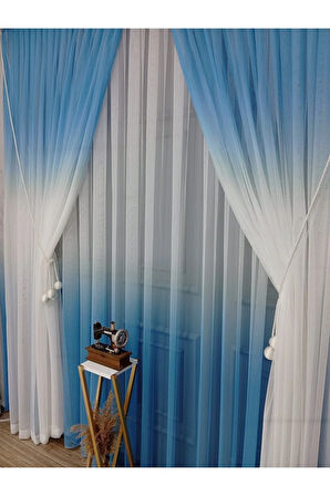 Mavi Renkli Renk Geçişli Değrade Sağ/Sol Takım Tül Fon Perde