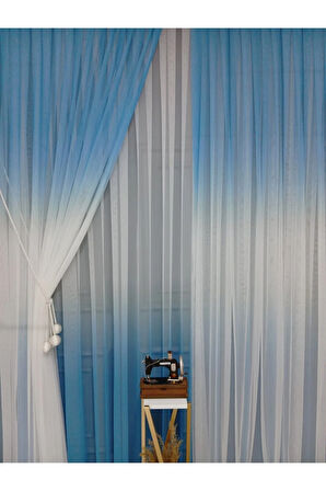 Mavi Renkli Renk Geçişli Değrade Sağ/Sol Takım Tül Fon Perde