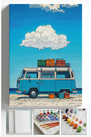 Sayılarla Boyama Çerçeveli Hobi Seti Numaralı Tuval Fırça Boya Dahil Kasnaklı MAVİ DENİZ KAMP 40X50C