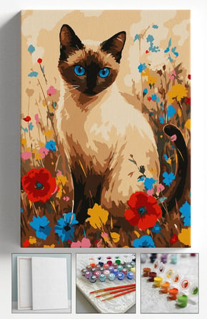 Sayılarla Boyama Seti Numaralı Tuval Fırça Boya Askı Aparatı Dahil Set 40x50 Cm - MAVİ GÖZLÜ KEDİ