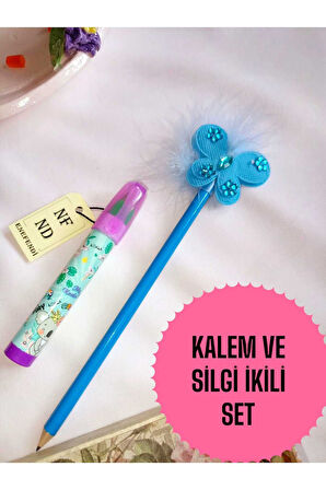 2Lİ SET MAVİ KALEM VE ROKET YUMURTLAYAN SİLGİ AKSESUARLI KALEM HEDİYE SÜSLÜ KURŞUNKALEM