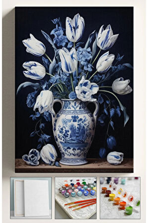 Sayılarla Boyama Çerçeveli Hobi Seti Numaralı Tuval MAVİ VAZO Fırça Boya Dahil Kasnaklı 40X50 Cm