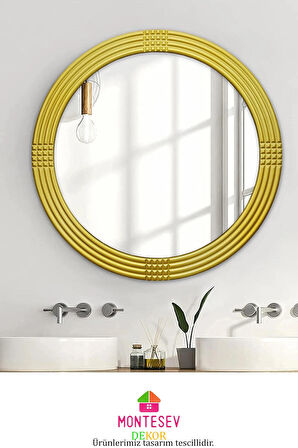 Safir Ahşap Gold Dekoratif Ayna Yuvarlak Ayna Işlemeli Banyo Aynası Duvar Aynası Ikili / 56 - 43 Cm