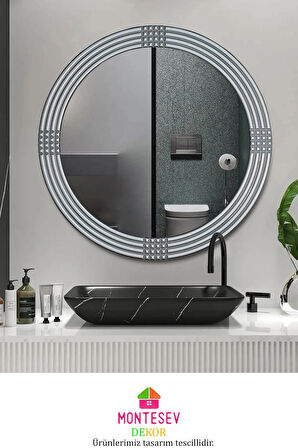 Safir Ahşap Gümüş Dekoratif Ayna Yuvarlak Ayna Işlemeli Banyo Aynası Duvar Aynası Ikili / 56 - 43 Cm