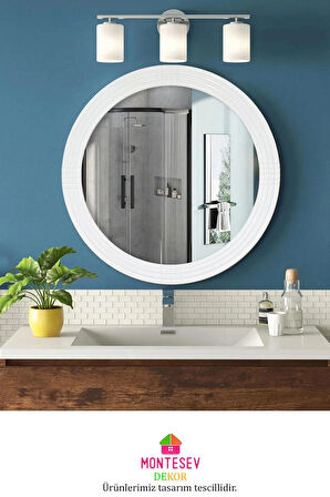 Safir Ahşap Beyaz Dekoratif Ayna Yuvarlak Ayna Işlemeli Banyo Aynası Duvar Aynası Ikili / 69 - 56 Cm