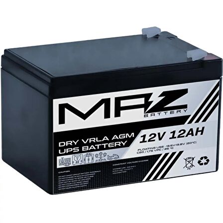 MAZ Akü 12 Volt 12 Amper Kuru AGM VRLA UPS Akü 12V 12AH Yeni Ürün