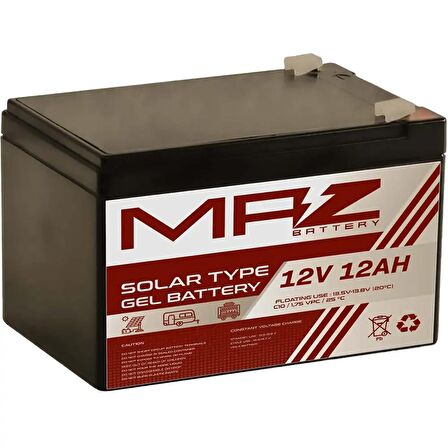 MAZ Akü 12 Volt 12 Amper Solar Jel VRLA Akü 12V 12AH Yeni Ürün