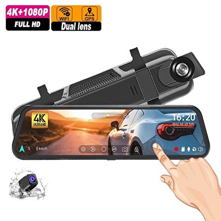 Premium Mb-5200 Wifi ULTRA HD 4K 10 İnç Ayna Kamera (WİFİ+GPS+Türkçe Menü) Çift Kameralı Araç Kamera