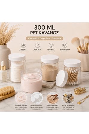 300 ml - Şeffaf Pet Plastik Kavanoz - Beyaz Kapak - 5 Adet